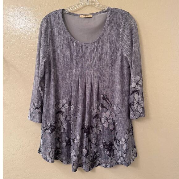 Timeson Gray Floral 3/4 Sleeve Double Layered Blouse Tunic Pleated Size M - Picture 4 of 11